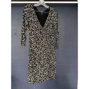 Lauren Ralph Lauren Dress Womens 8 Black White Ruched Wrap Abstract Print Midi